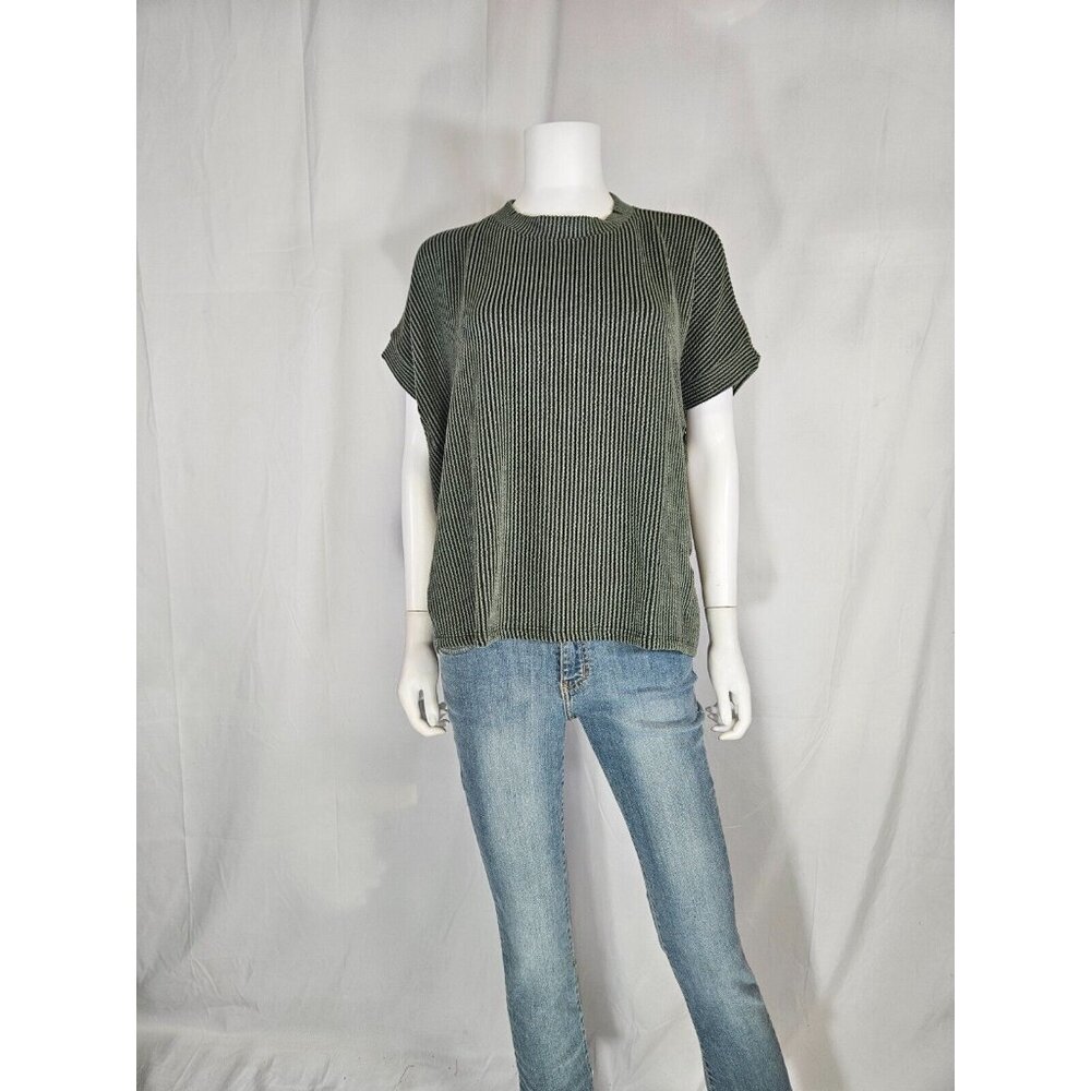 Entro Olive Round Neck Over Size Ribbed Short Cap Sleeve